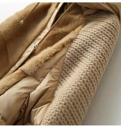 Damen Winter Steppjacke mit Kapuze Teddyfutter Strickdetails Beige