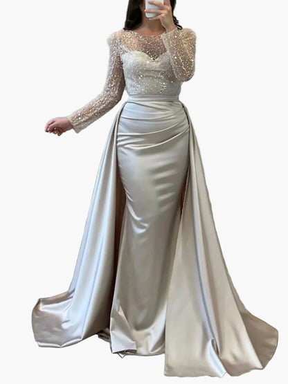 Damen Abendkleid Elegant Festlich Langarm Pailletten Satin Glanz Abendmode