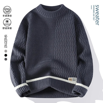 Unisex Rollkragenpullover mit Wellenmuster und Kontraststreifen – Gemütlicher Strickpullover
