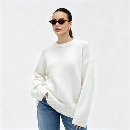 Damen Oversize Rundhals Pullover Langarm Basic Strickpullover