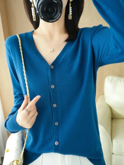 Damen Cardigan V-Ausschnitt Langarm Strickjacke mit Knöpfen