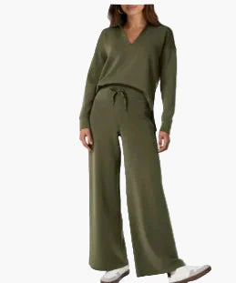 Damen Freizeit-Loungewear Set mit weitem Bein und V-Ausschnitt – Komfortabler Hausanzug