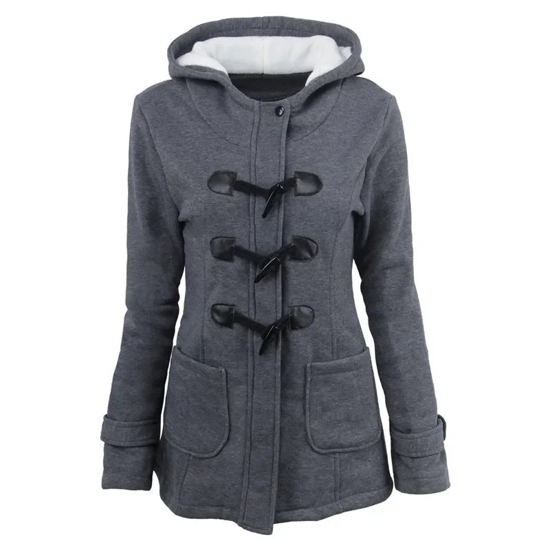 Damen Dufflecoat Jacke mit Kapuze und Knebelverschlüssen, warm gefüttert