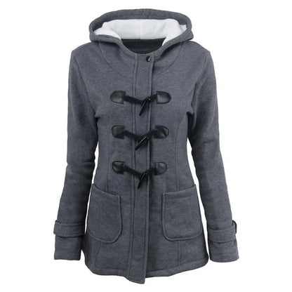 Damen Dufflecoat Jacke mit Kapuze und Knebelverschlüssen, warm gefüttert
