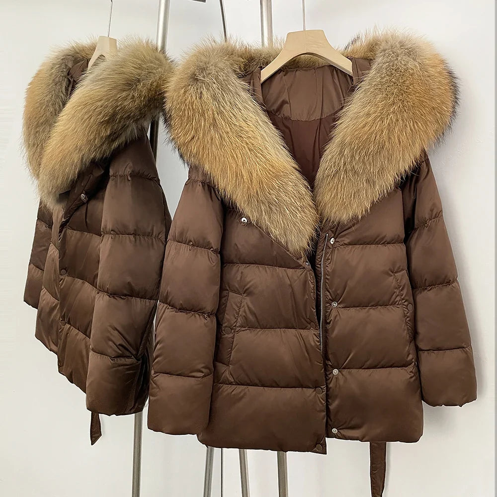 Damen Winter Steppjacke mit Kunstpelzkragen und Gürtel