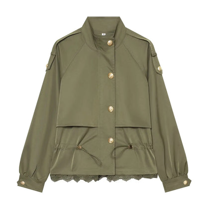 Damen Jacke mit Stehkragen, Schnürzug und Häkelspitze, Verschiedene Farben