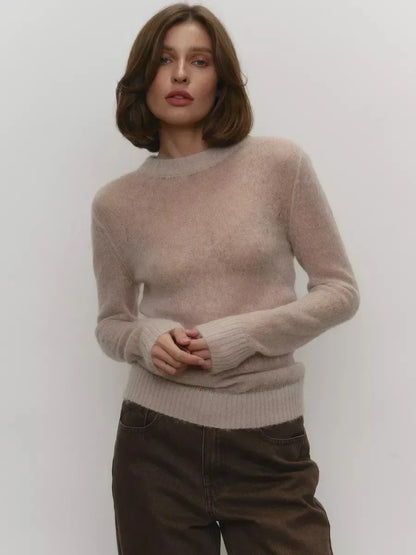 Damen Pullover leicht transparent Rundhals Strick Langarm