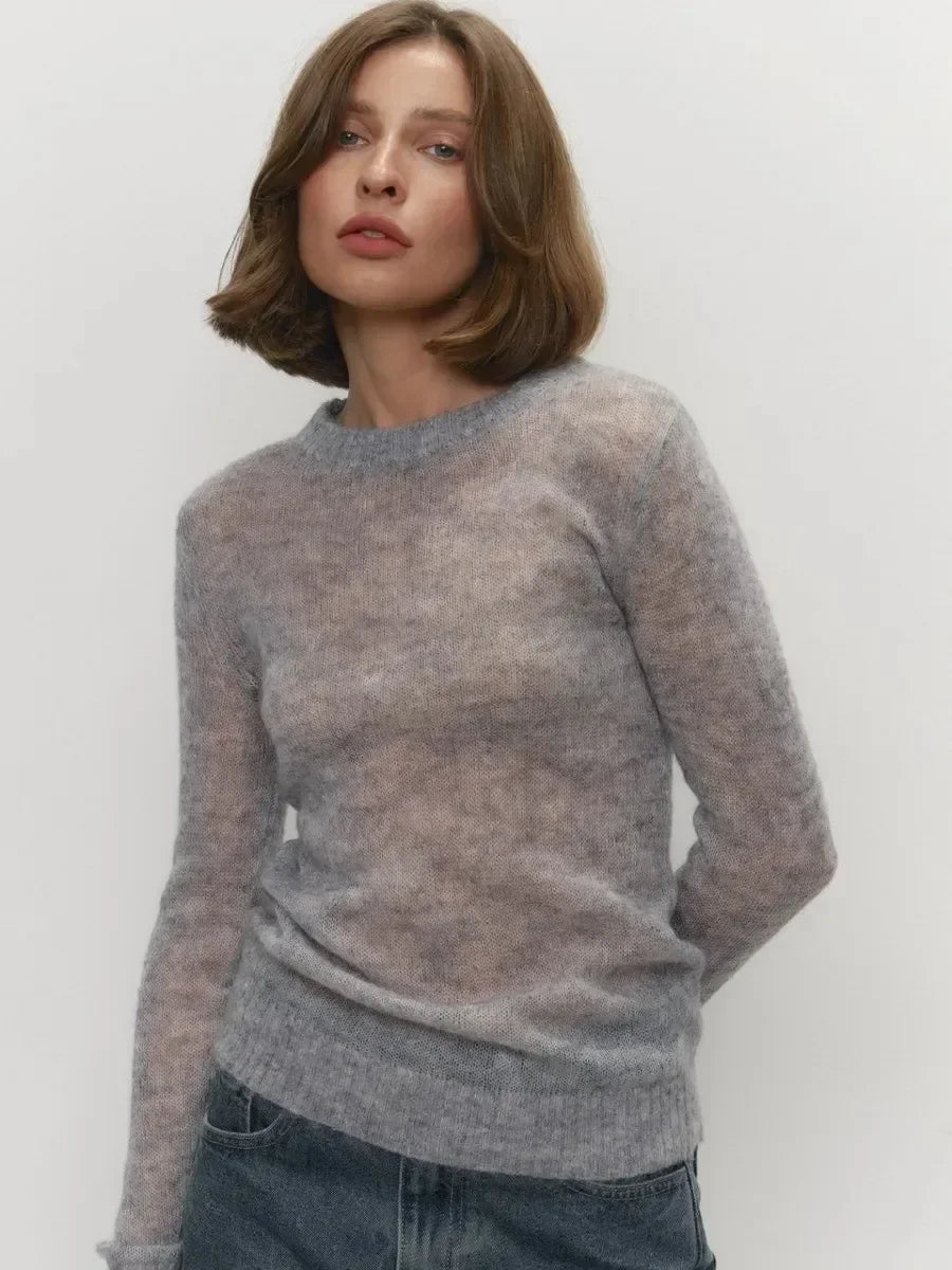 Damen Pullover leicht transparent Rundhals Strick Langarm