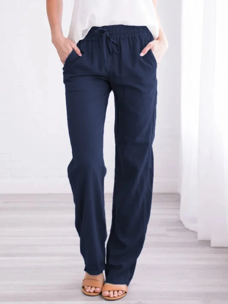 Damen Freizeithose mit weitem Bein und Kordelzug, Leinen-Look, Elastischer Bund