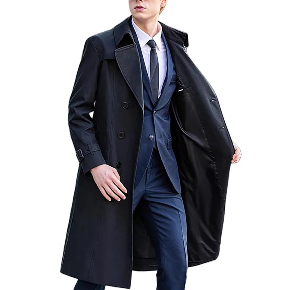 Herren Trenchcoat Zweireiher Langer Mantel mit Reverskragen und Gürteldetails