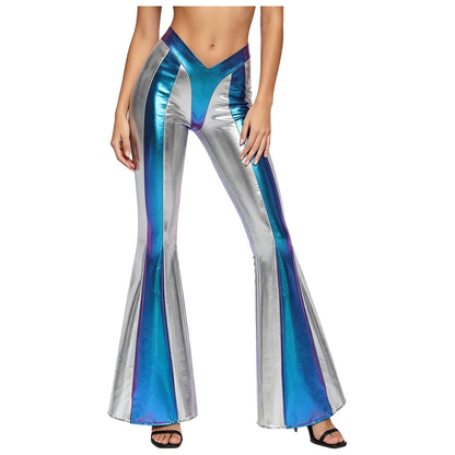 Damen Metallic Schlaghose Silber Glänzend Hohe Taille