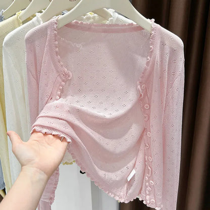 Leichter Damen Cardigan mit Lochmuster und Rüschen