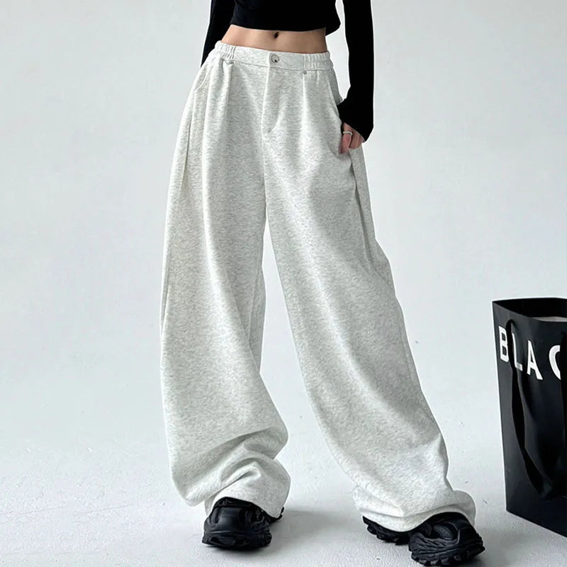 Weite Freizeithose für Damen, hoher Bund, Grau meliert