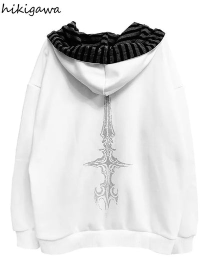 Übergroßer Kapuzenpullover mit Reißverschluss, grafischem Print und gestreiftem Futter, Unisex