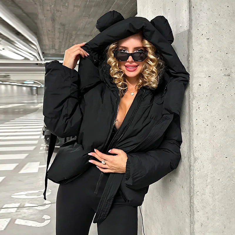 Damen Steppjacke mit Kapuze und Ohren Kurze Pufferjacke