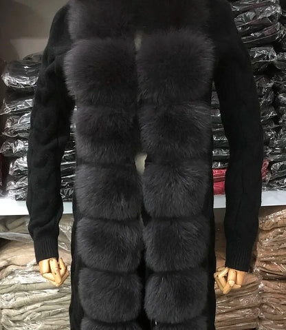 Damen Strickmantel Lang mit Kunstfellbesatz Zopfmuster Kapuze Winter