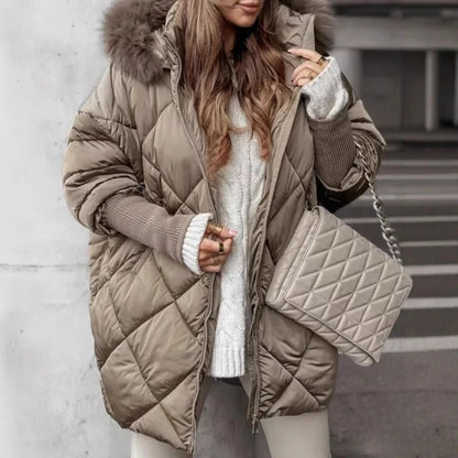 Steppjacke Damen mit Kapuze und Kunstfellbesatz Winter Warme Jacke