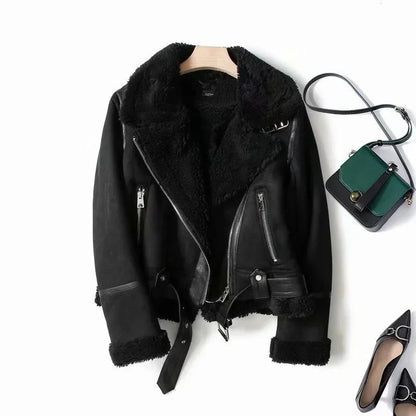 Kurze Bikerjacke mit Reißverschluss und Kunstfellfutter – Damen Fliegerjacke