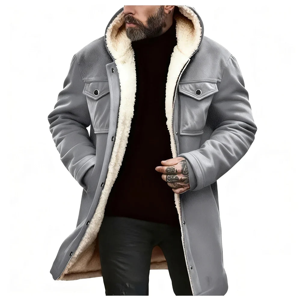 Herren Winterjacke mit Kapuze und Teddyfutter, lang, warm, Schwarz
