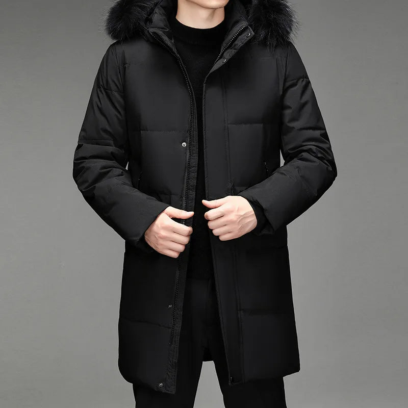 Herren Winterparka Schwarz mit Kapuze und Pelzbesatz