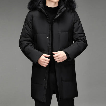 Herren Winterparka Schwarz mit Kapuze und Pelzbesatz