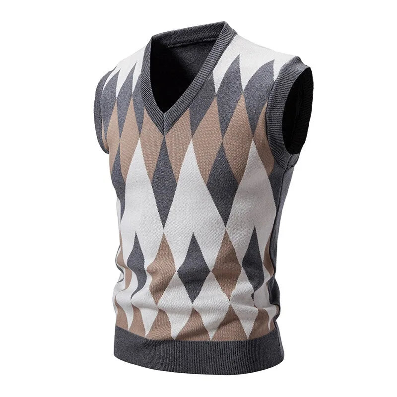 Herren Argyle Strickweste V-Ausschnitt Ärmellose Pullover Weste