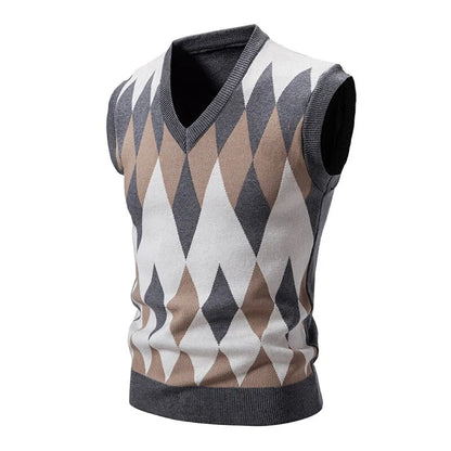 Herren Argyle Strickweste V-Ausschnitt Ärmellose Pullover Weste