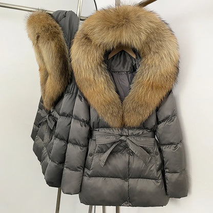 Damen Winter Steppjacke mit Kunstpelzkragen und Gürtel