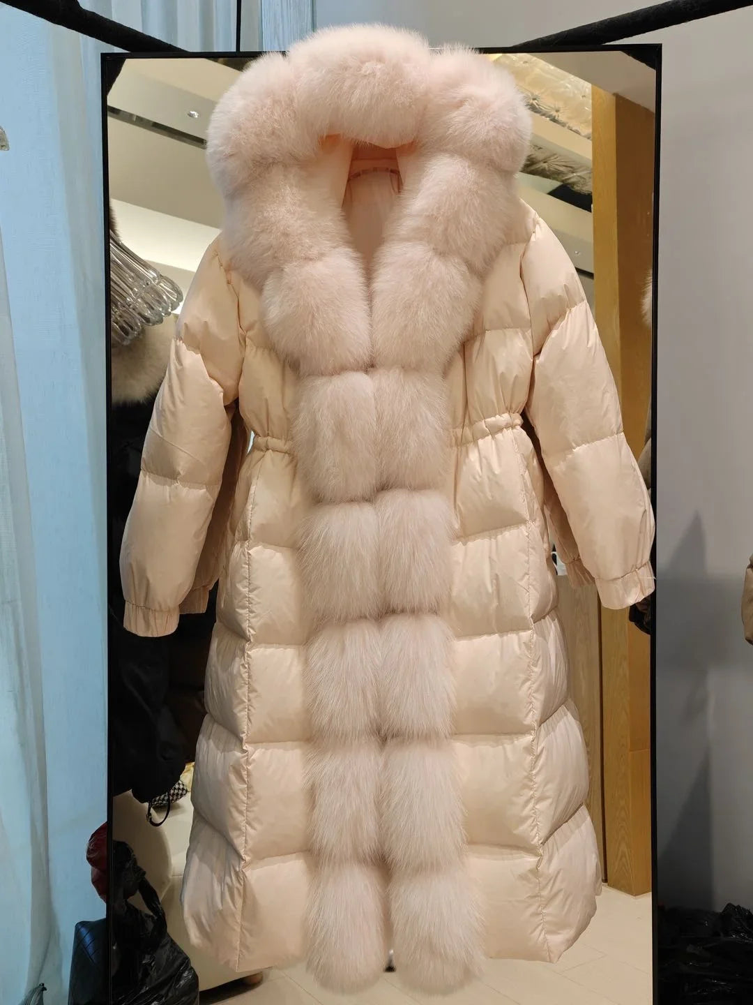 Damen Winter Steppmantel Lang mit Kapuze und Pelzbesatz Schwarz