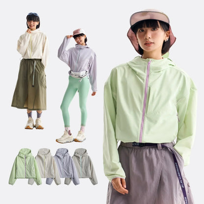 Damen Kurze Kapuzenjacke Windbreaker Leicht Reißverschluss