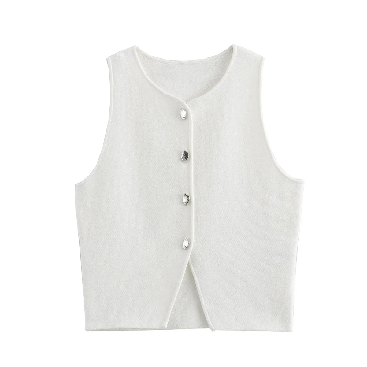 Damen Strick Crop Top Weste mit Knopfleiste Ärmellos Rundhals