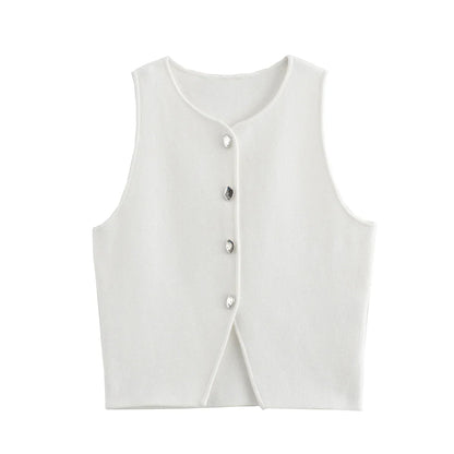 Damen Strick Crop Top Weste mit Knopfleiste Ärmellos Rundhals