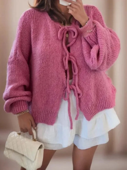 Damen Strickjacke mit Bindebändern – Grobstrick Cardigan