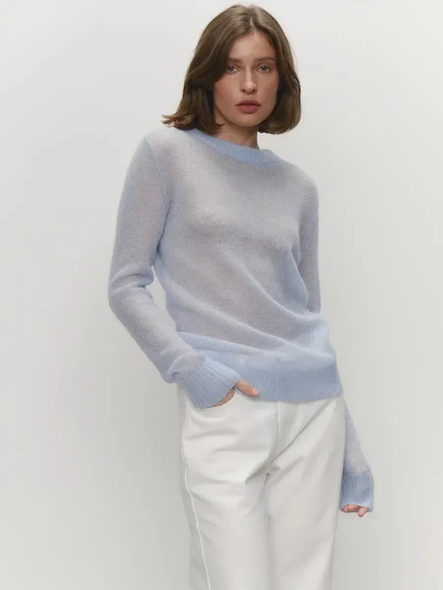 Damen Pullover leicht transparent Rundhals Strick Langarm