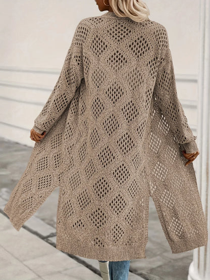 Langer Cardigan Damen Strick Hellbraun Lochmuster