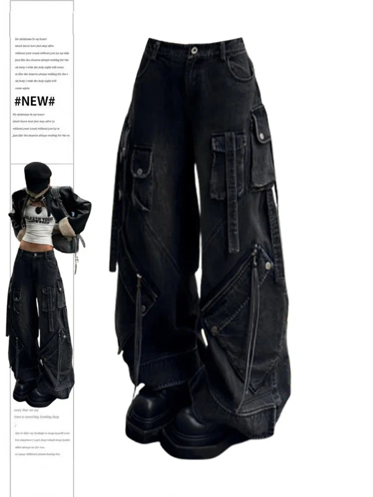Weite Cargo Hose Damen Baggy Jeans Schwarz Grau mit Mehreren Taschen