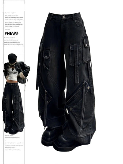Weite Cargo Hose Damen Baggy Jeans Schwarz Grau mit Mehreren Taschen