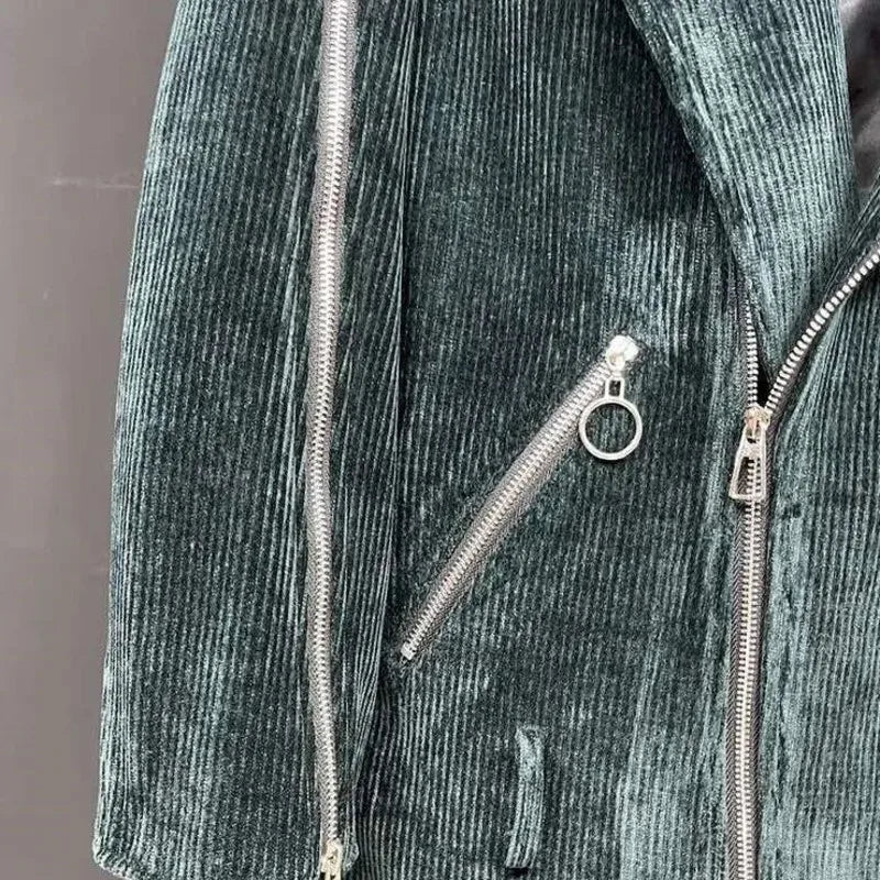 Kord Mantel Unisex Lang Biker Stil mit Reißverschlüssen Dunkelgrün