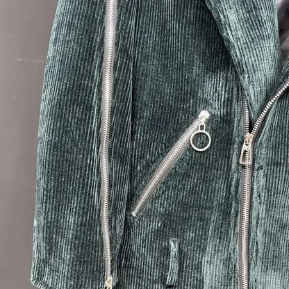 Kord Mantel Unisex Lang Biker Stil mit Reißverschlüssen Dunkelgrün
