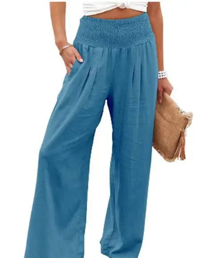 Damen Leinenhose mit weitem Bein und gerafftem Bund, lockere Freizeithose