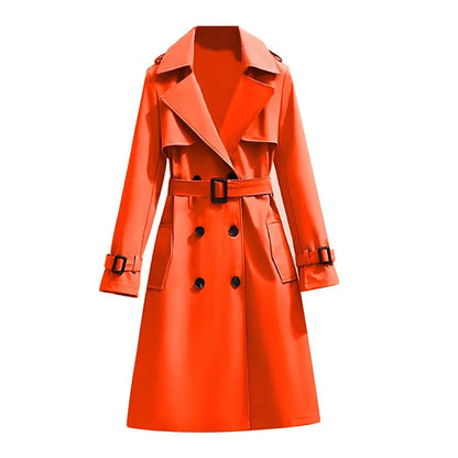 Damen Trenchcoat Lang Zweireihig Mit Gürtel und Reverskragen