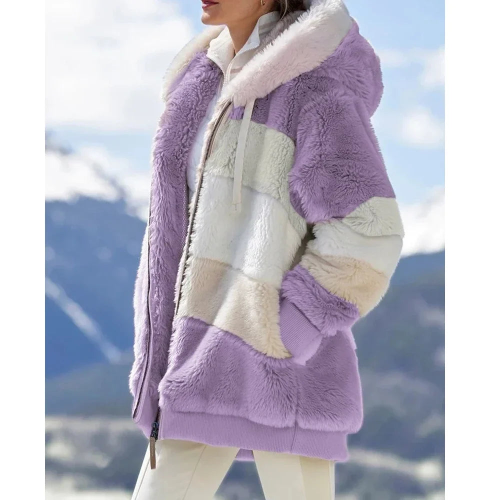 Damen Teddyfell Jacke mit Kapuze Reißverschluss Mehrfarbig Blockstreifen Winter
