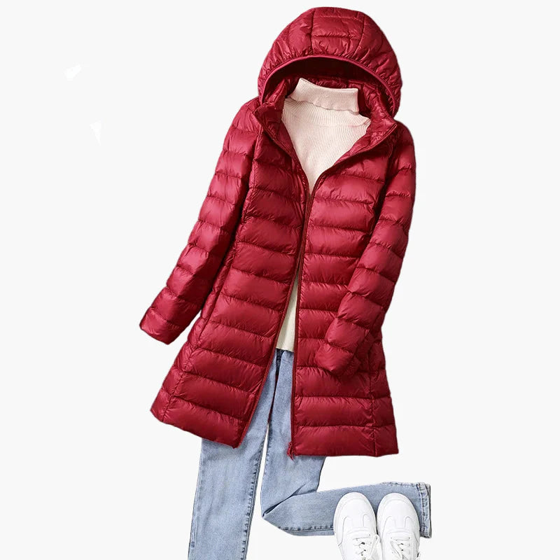 Damen Winter Steppmantel mit Kapuze – Leichter, langer Daunenmantel für Alltag & Outdoor