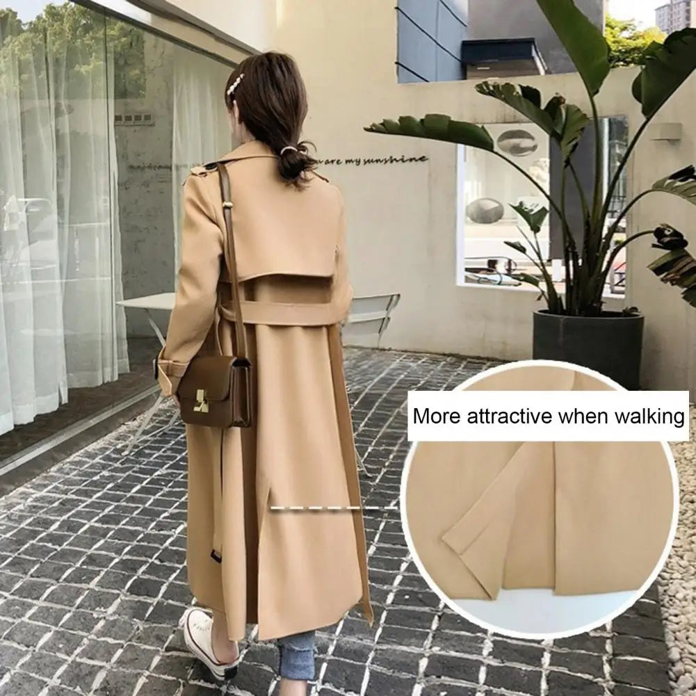 Damen Trenchcoat Lang Zweireihig Mit Gürtel und Reverskragen