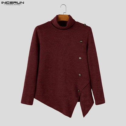 Herren Rollkragenpullover Asymmetrischer Saum Knöpfe Langarm Strickpullover
