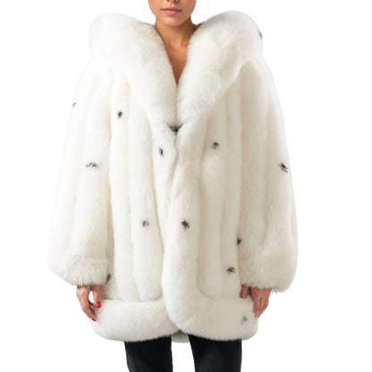 Damen Winterjacke Weiß mit Kapuze und Flecken
