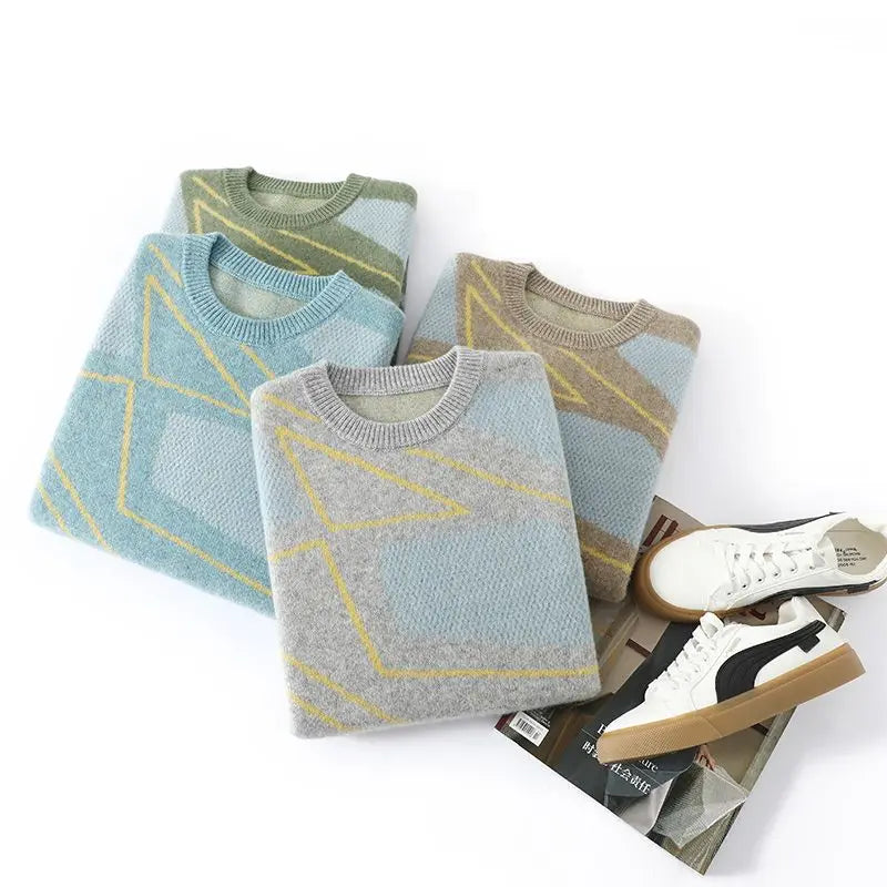 Unisex Pullover mit Rautenmuster, Rundhals und Rippbündchen, Mehrfarbig