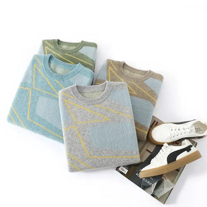 Unisex Pullover mit Rautenmuster, Rundhals und Rippbündchen, Mehrfarbig