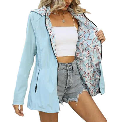 Damen Übergangsjacke mit Kapuze und Blumenmuster-Innenfutter Hellblau
