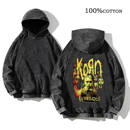 Unisex Kapuzenpullover Grau verwaschen mit Band-Print Vorn & Hinten